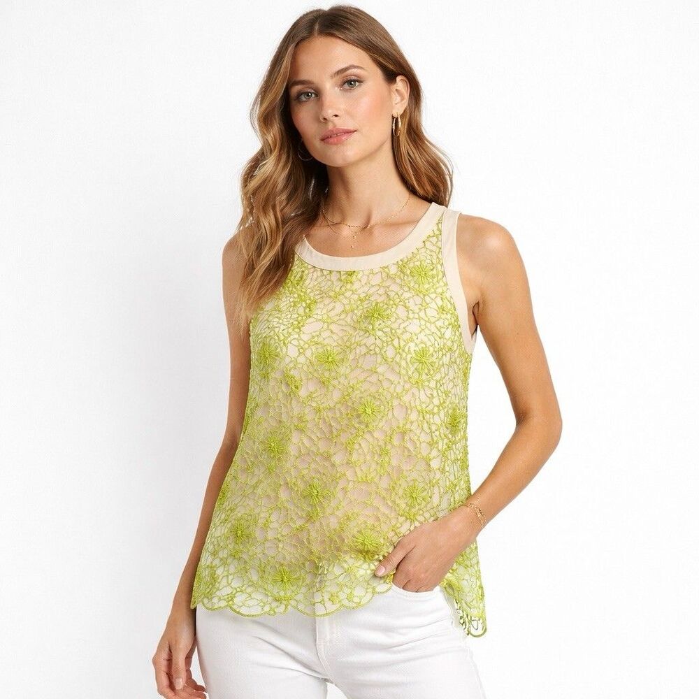 Ann Taylor Sleeveless Shirt Top Blouse Floral Lime Embroidered Fairy Whimsical S